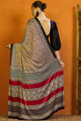 Beige striped printed satin block print saree