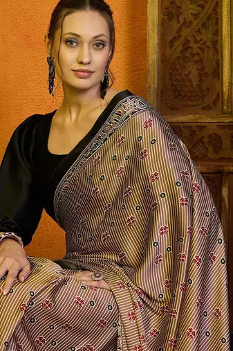 Beige striped printed satin block print saree