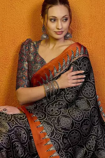 Black block printed satin saree with blouse
