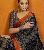 Black block printed satin saree with blouse