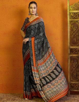 Black block printed satin saree with blouse 2