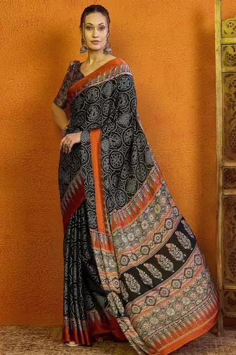 Black block printed satin saree with blouse