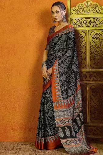 Black block printed satin saree with blouse