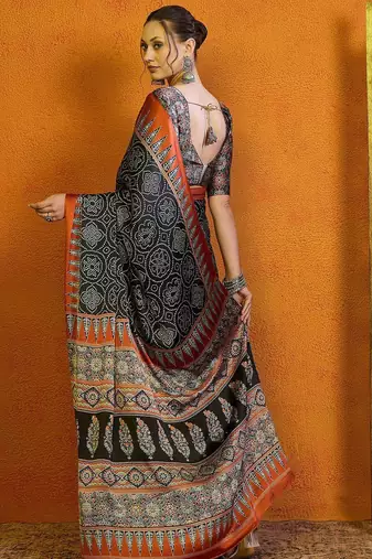 Black block printed satin saree with blouse
