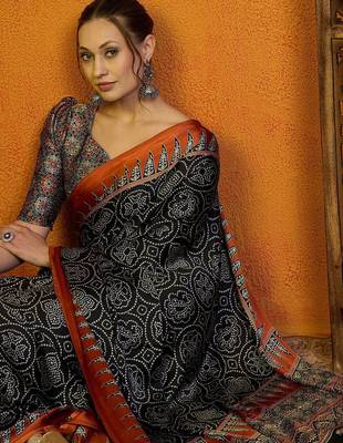 Black block printed satin saree with blouse 5