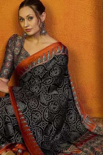 Black block printed satin saree with blouse