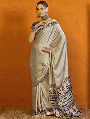 Cream ethnic motifs printed satin saree with blouse 2