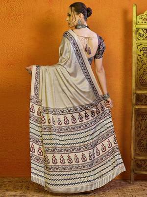 Cream ethnic motifs printed satin saree with blouse 3