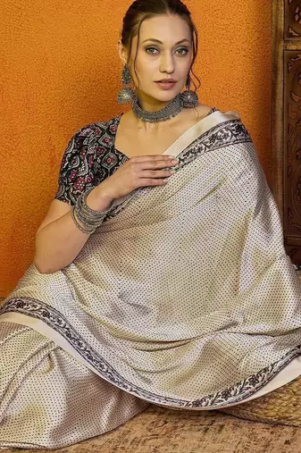 Cream ethnic motifs printed satin saree with blouse