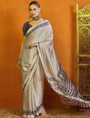 Cream ethnic motifs printed satin saree with blouse 5