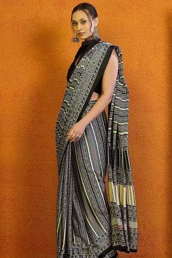 Grey ethnic motifs printed saree