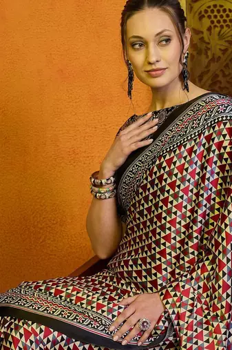 Red printed block print saree with blouse