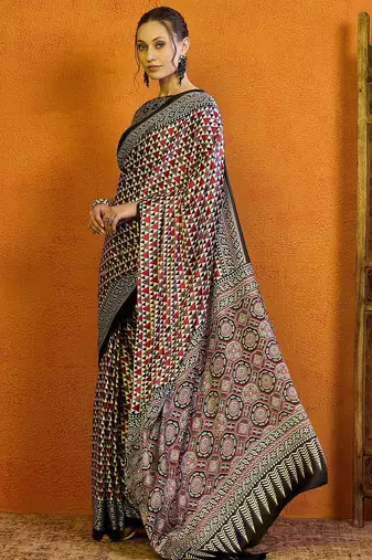 Red printed block print saree with blouse