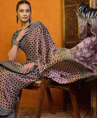 Red printed block print saree with blouse 4