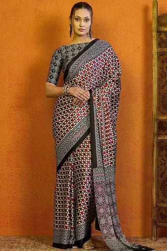 Red printed block print saree with blouse