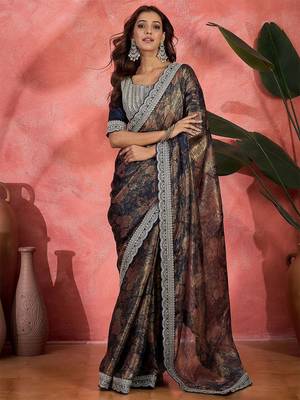 Blue lustrous floral printed embroidered silk saree with blouse 1