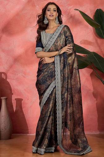 Blue lustrous floral printed embroidered silk saree with blouse