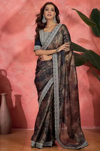 Blue lustrous floral printed embroidered silk saree with blouse