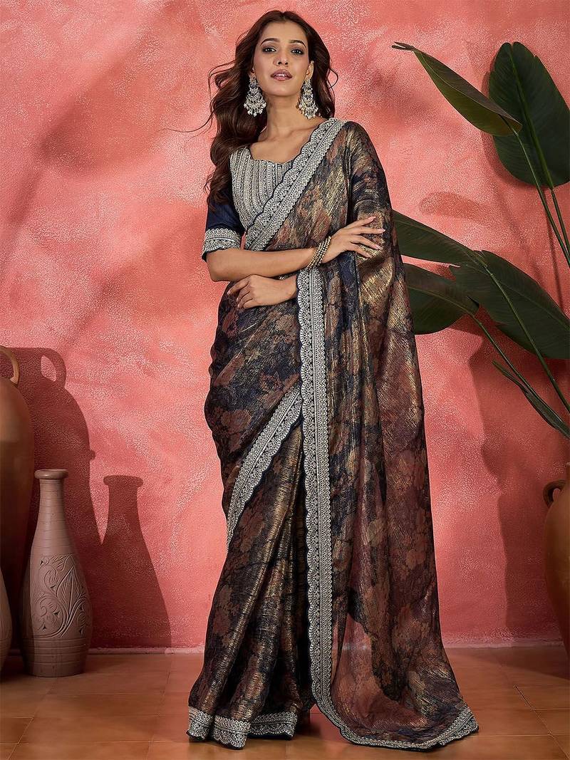 Blue lustrous floral printed embroidered silk saree with blouse