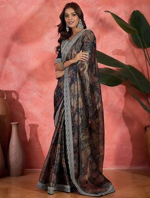 Blue lustrous floral printed embroidered silk saree with blouse 2