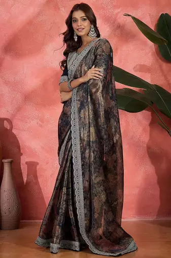 Blue lustrous floral printed embroidered silk saree with blouse