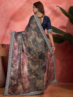 Blue lustrous floral printed embroidered silk saree with blouse 3