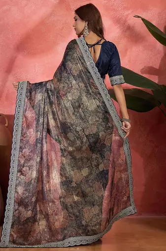 Blue lustrous floral printed embroidered silk saree with blouse