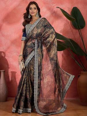 Blue lustrous floral printed embroidered silk saree with blouse 4