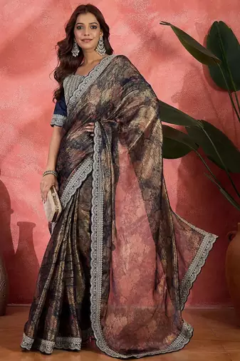 Blue lustrous floral printed embroidered silk saree with blouse