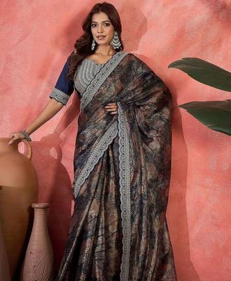 Blue lustrous floral printed embroidered silk saree with blouse 5