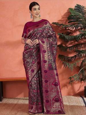 Pink ethnic motifs woven design zari saree 1
