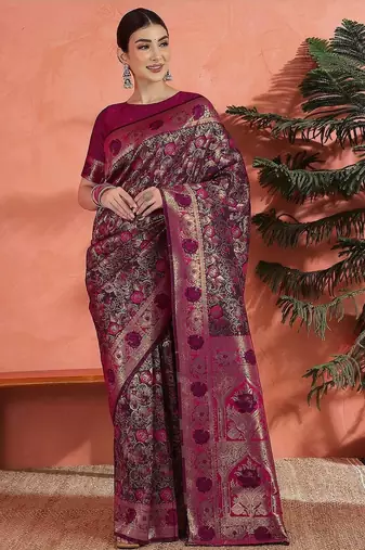 Pink ethnic motifs woven design zari saree