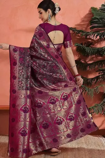 Pink ethnic motifs woven design zari saree