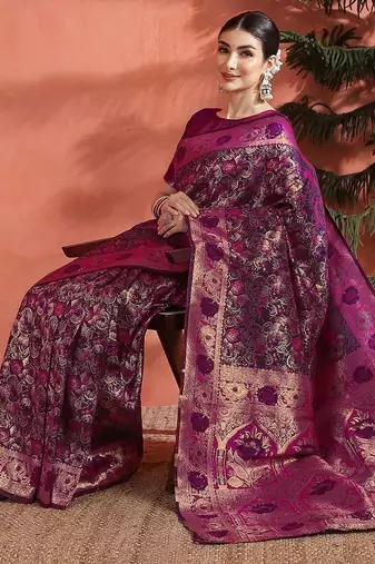 Pink ethnic motifs woven design zari saree
