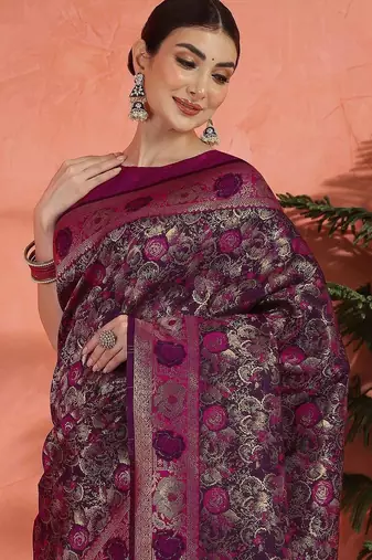 Pink ethnic motifs woven design zari saree