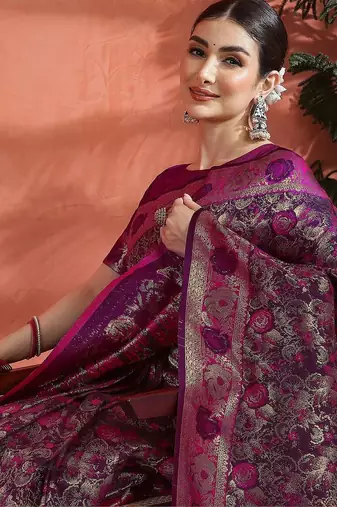 Pink ethnic motifs woven design zari saree