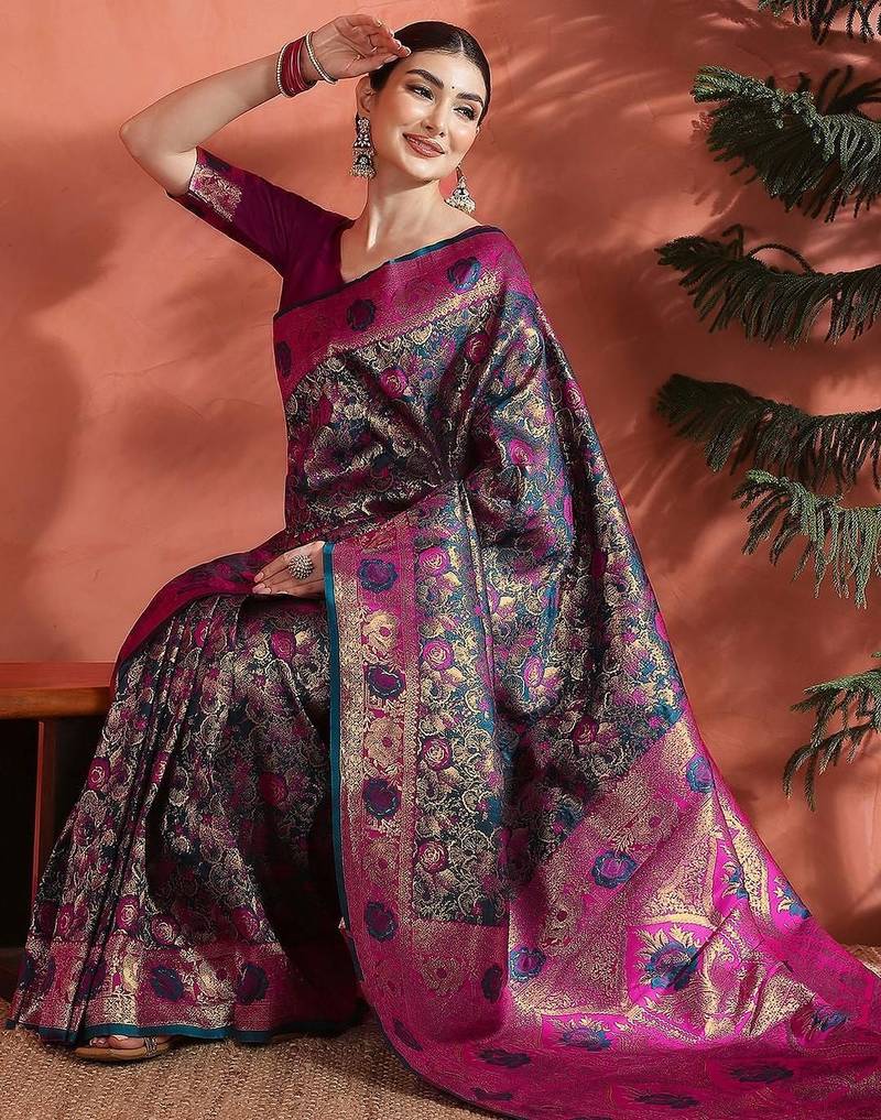 Pink woven design zari saree with unstitched blouse