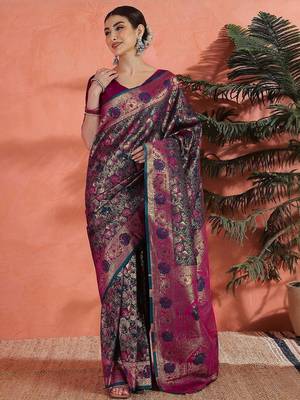 Pink woven design zari saree with unstitched blouse 3