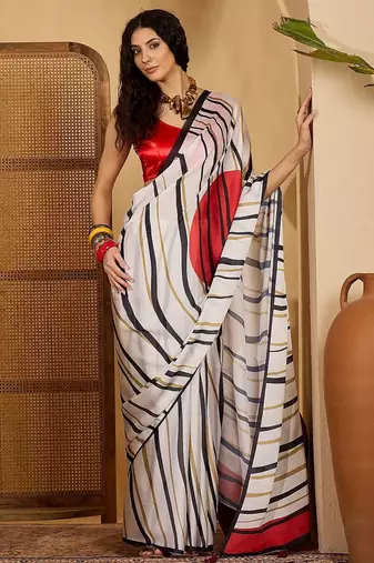 White women striped printed saree
