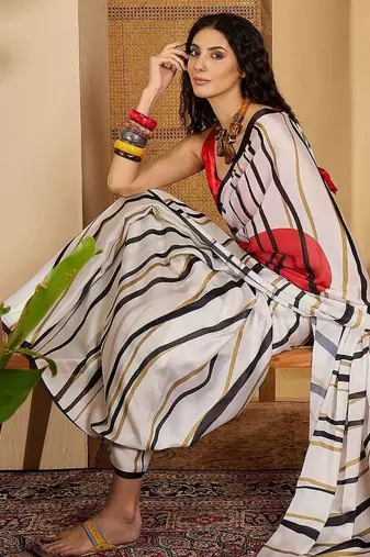 White women striped printed saree