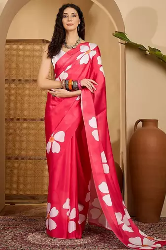 Pink floral printed saree with unstitched blouse