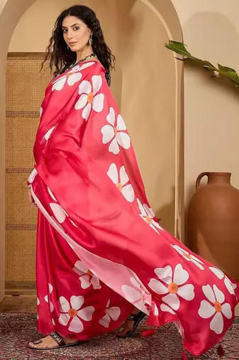 Pink floral printed saree with unstitched blouse