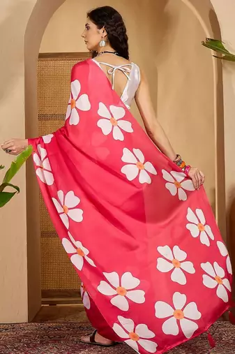 Pink floral printed saree with unstitched blouse