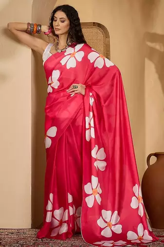 Pink floral printed saree with unstitched blouse