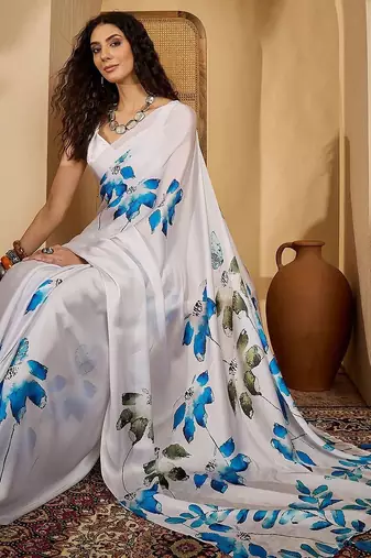 White floral printed saree with unstitched blouse