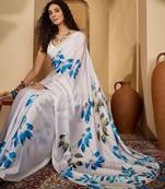White floral printed saree with unstitched blouse