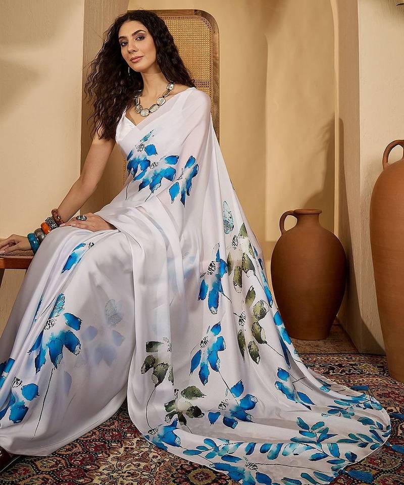 White floral printed saree with unstitched blouse