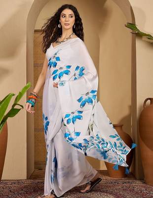 White floral printed saree with unstitched blouse 4