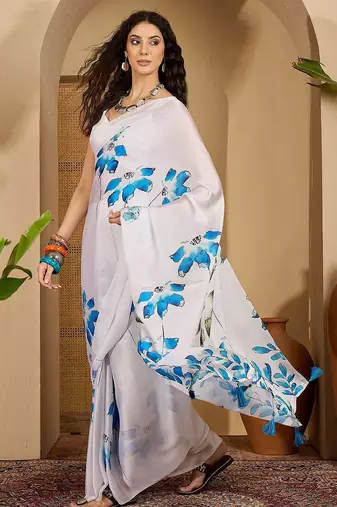 White floral printed saree with unstitched blouse