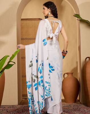 White floral printed saree with unstitched blouse 5